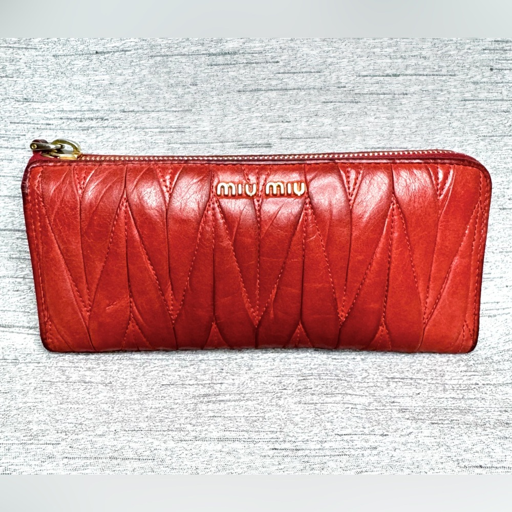Miu Miu Red Quilted Napa Leather Accordion Wallet w/ Gold Hardware - 8” x 4”